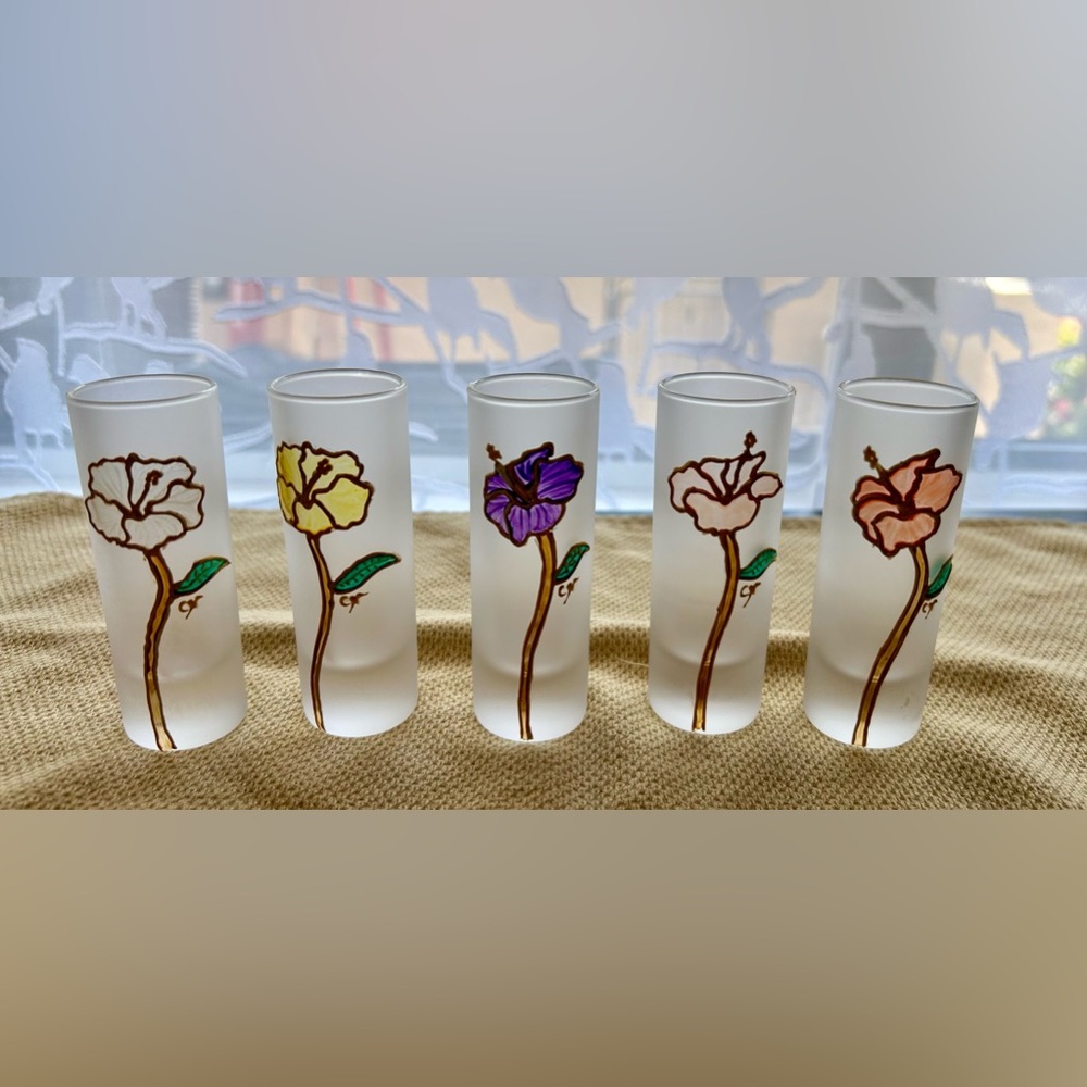 5 French frosted, glass vases/liquor glasses w/art nouveau relief flowers. 4.5”